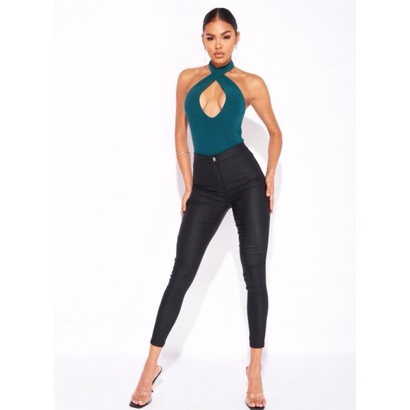 Green Sleeveless Halter Neck Keyhole Open Back Bodycon Bodysuit Top - Picture 3 of 13